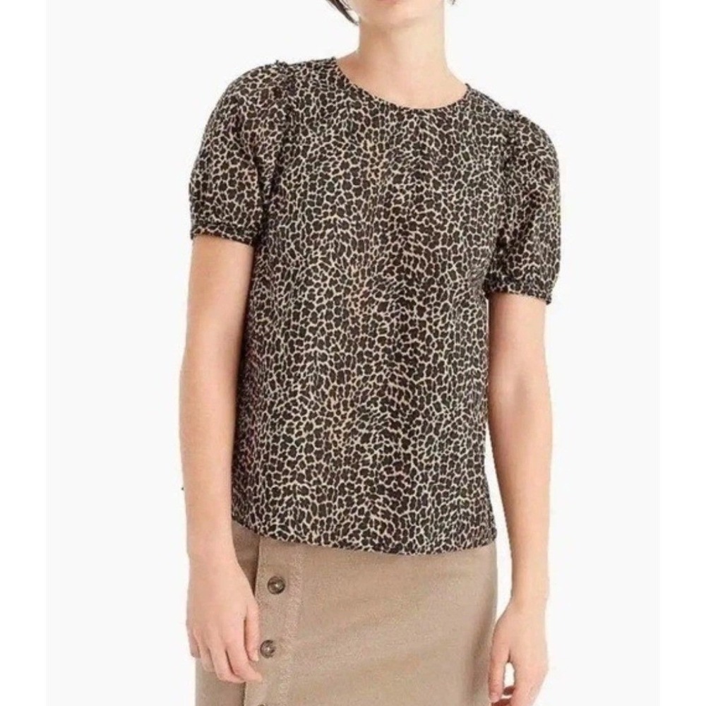 J.Crew Leopard Print Poplin Puff Sleeve Blouse Top Brown Black Womens Size XXS